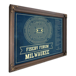 Milwaukee Bucks - Fiserv Forum Basketball Blueprint NBA Print in a Bourbon stained wood frame with antique gold corners