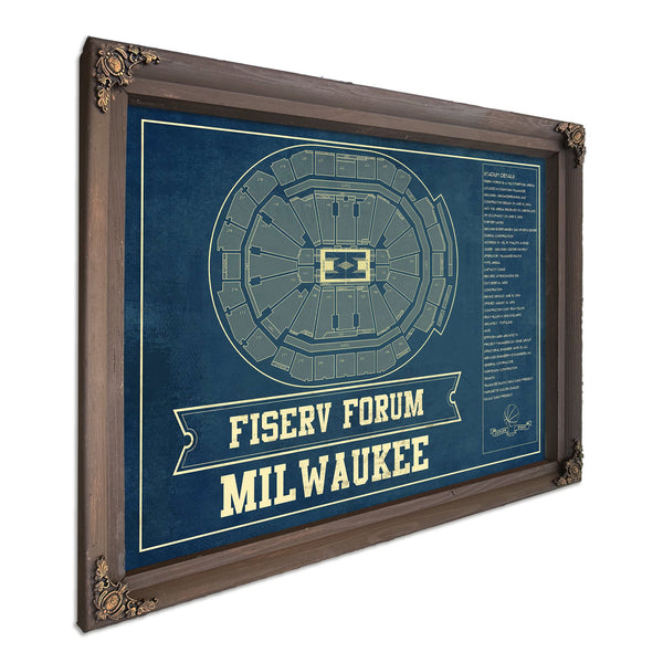 Milwaukee Bucks - Fiserv Forum Basketball Blueprint NBA Print in a Bourbon stained wood frame with antique gold corners