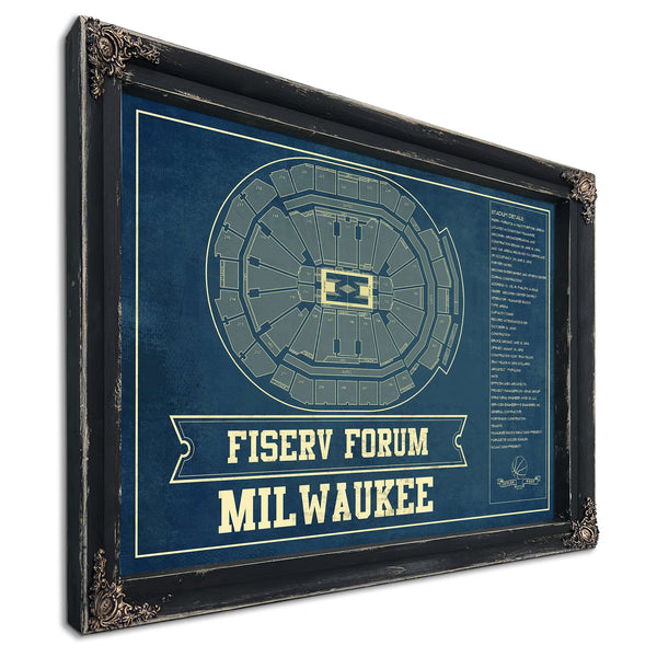 Milwaukee Bucks - Fiserv Forum Basketball Blueprint NBA Print in a distressed Vintage Black wood frame with ornate corners