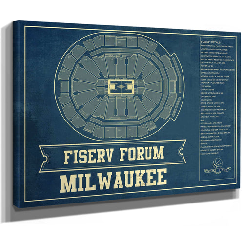 Milwaukee Bucks - Fiserv Forum Basketball Blueprint NBA Print as a stretched canvas wrap with gallery wrapped edges