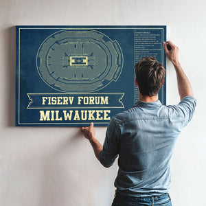 Milwaukee Bucks - Fiserv Forum Basketball Blueprint NBA Print framed in Vintage Black above a mid-century record console