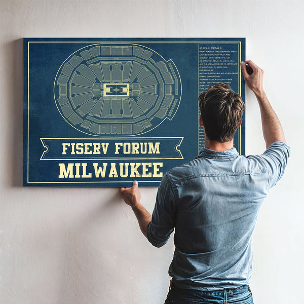 Milwaukee Bucks - Fiserv Forum Basketball Blueprint NBA Print framed in Vintage Black above a mid-century record console