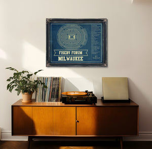 Milwaukee Bucks - Fiserv Forum Basketball Blueprint NBA Print framed in Vintage Black in a loft bedroom