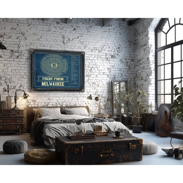Milwaukee Bucks - Fiserv Forum Basketball Blueprint NBA Print framed in Vintage Black in a farmhouse entryway