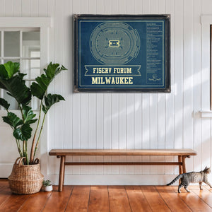 Milwaukee Bucks - Fiserv Forum Basketball Blueprint NBA Print framed in Vintage Black above a rustic console table