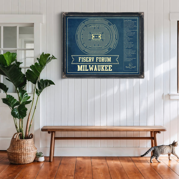 Milwaukee Bucks - Fiserv Forum Basketball Blueprint NBA Print framed in Vintage Black above a rustic console table