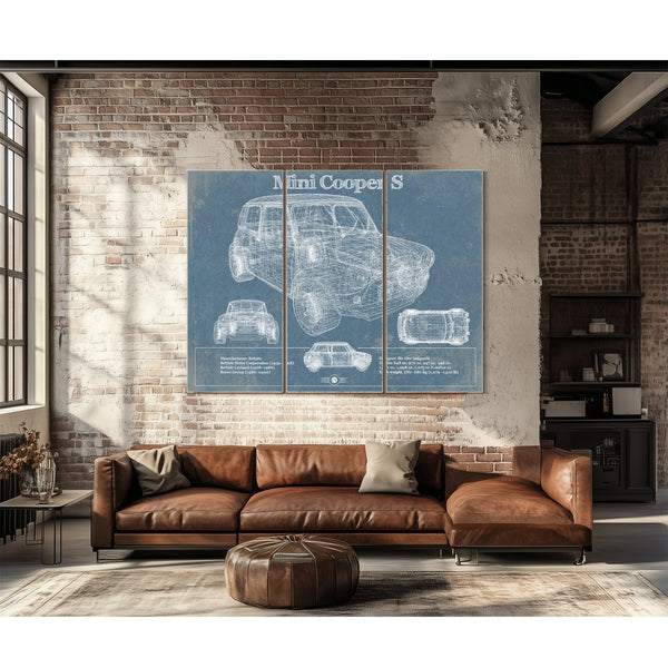 Mini Cooper Blueprint Art Print as a 3 panel canvas wrap above a leather sofa