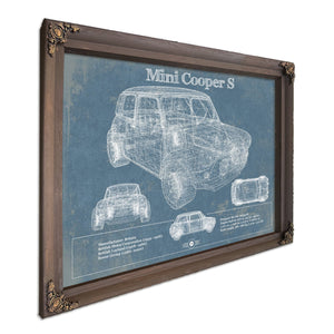 Mini Cooper Blueprint Art Print in a Bourbon stained wood frame with antique gold corners