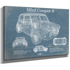 Mini Cooper Blueprint Art Print as a stretched canvas wrap with gallery wrapped edges