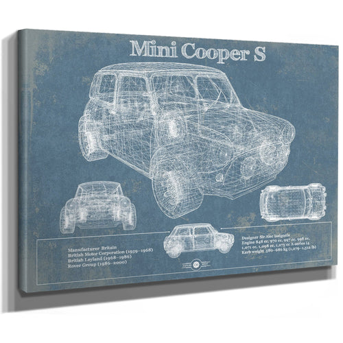 Mini Cooper Blueprint Art Print as a stretched canvas wrap with gallery wrapped edges