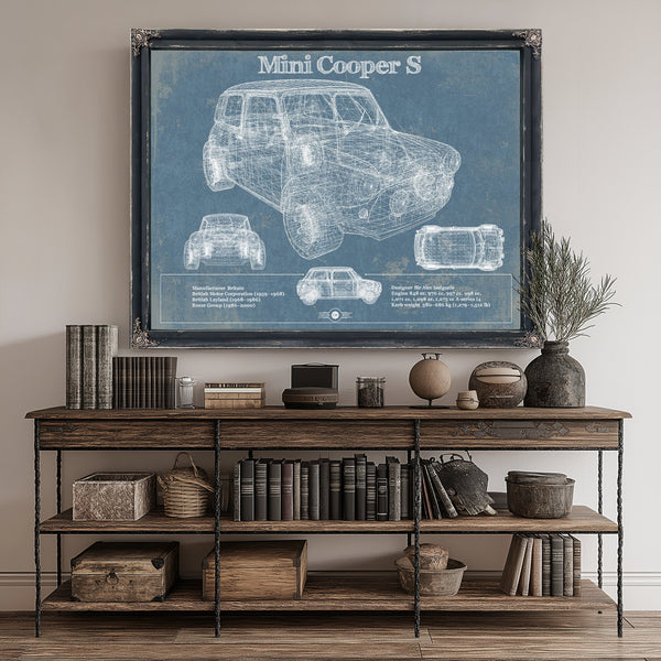Mini Cooper Blueprint Art Print canvas print size guide 24x18 36x24 48x36 inches