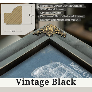 Vintage Black frame corner detail, 1.5 inch ornate wood moulding, Mini Cooper Blueprint Art Print