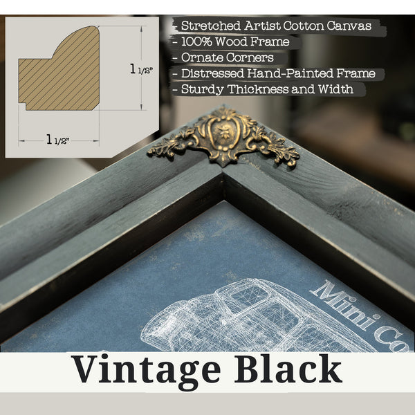 Vintage Black frame corner detail, 1.5 inch ornate wood moulding, Mini Cooper Blueprint Art Print