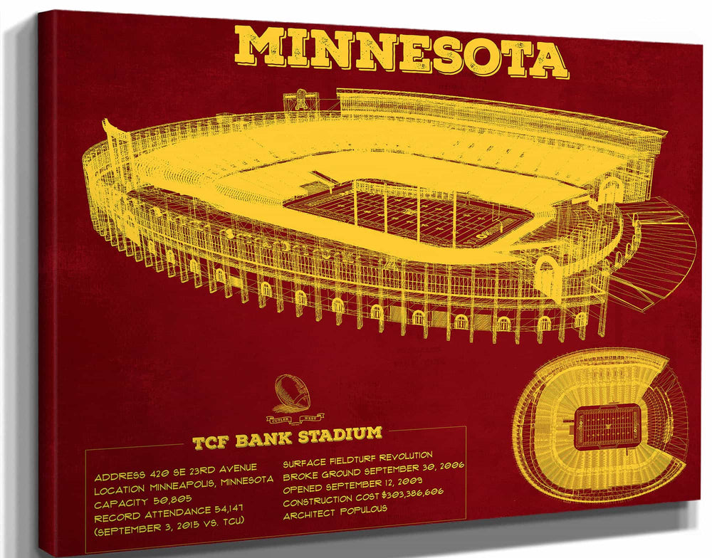 14" x 11" / Stretched Canvas Wrap Cutler West Minnesota Gophers - Vintage TCF Bank Stadium  Blueprint Art Print
