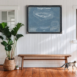 Minnesota Timberwolves - Target Center NBA Stadium Print framed in Vintage Black above a rustic console table