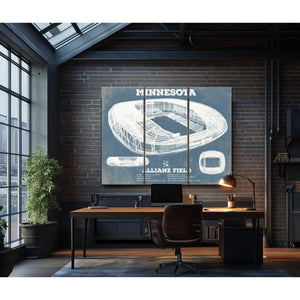 Minnesota United - Allianz Field MLS Stadium Print as a 3 panel canvas wrap in an industrial loft office