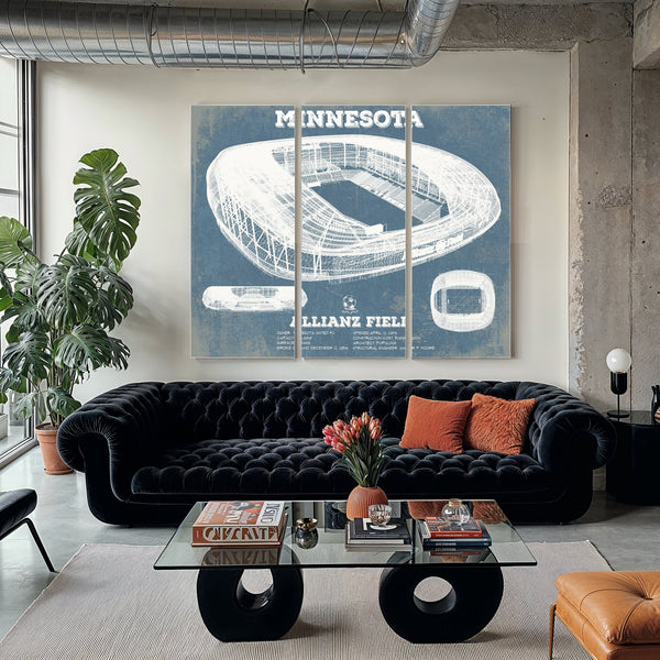 Minnesota United - Allianz Field MLS Stadium Print as a 3 panel canvas wrap in a modern living room