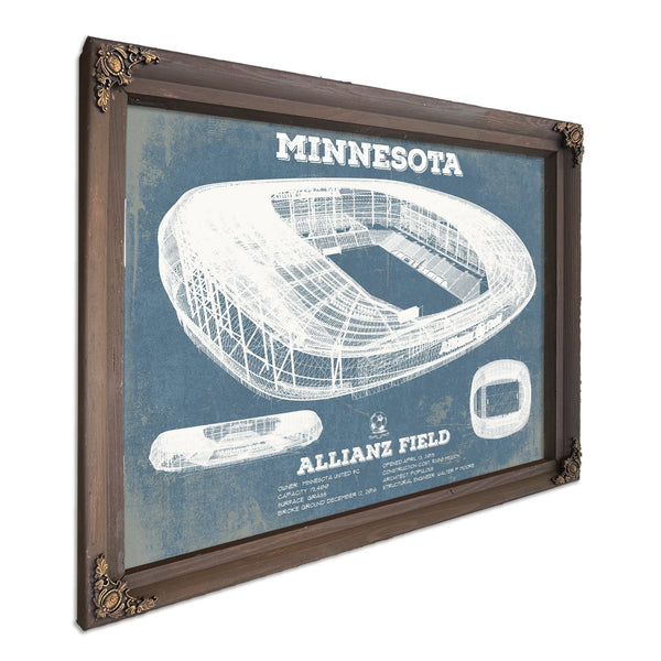 Minnesota United - Allianz Field MLS Stadium Print in a Bourbon stained wood frame with antique gold corners
