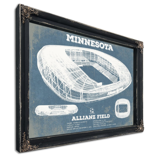 Minnesota United - Allianz Field MLS Stadium Print in a distressed Vintage Black wood frame with ornate corners