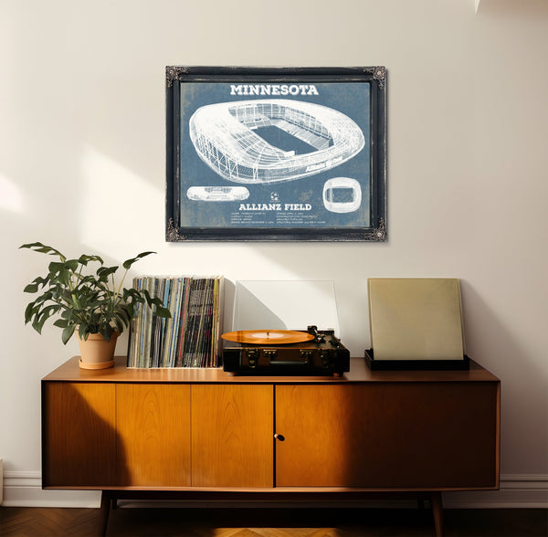 Minnesota United - Allianz Field MLS Stadium Print framed in Vintage Black in a loft bedroom