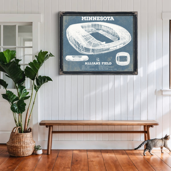 Minnesota United - Allianz Field MLS Stadium Print framed in Vintage Black above a rustic console table