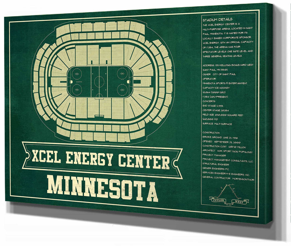 14" x 11" / Stretched Canvas Wrap Cutler West Minnesota Wild Team Colors - Xcel Energy Center Vintage Hockey Blueprint NHL Print