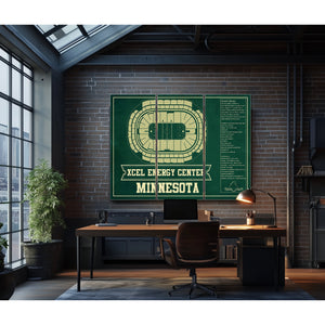 Minnesota Wild Team Colors - Xcel Energy Center Hockey Print as a 3 panel canvas wrap in an industrial loft office
