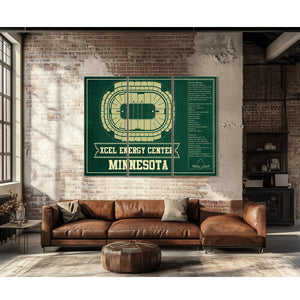 Minnesota Wild Team Colors - Xcel Energy Center Hockey Print as a 3 panel canvas wrap above a leather sofa