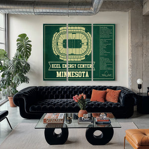 Minnesota Wild Team Colors - Xcel Energy Center Hockey Print as a 3 panel canvas wrap in a modern living room