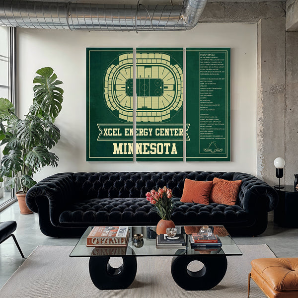 Minnesota Wild Team Colors - Xcel Energy Center Hockey Print as a 3 panel canvas wrap in a modern living room