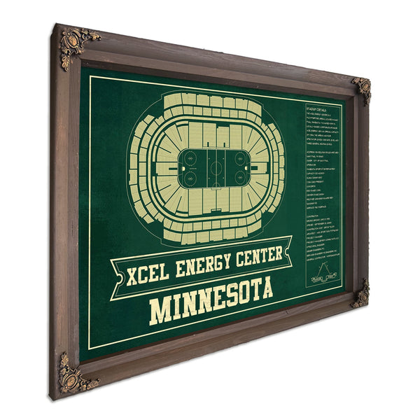Minnesota Wild Team Colors - Xcel Energy Center Hockey Print in a Bourbon stained wood frame with antique gold corners