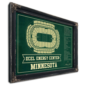 Minnesota Wild Team Colors - Xcel Energy Center Hockey Print in a distressed Vintage Black wood frame with ornate corners