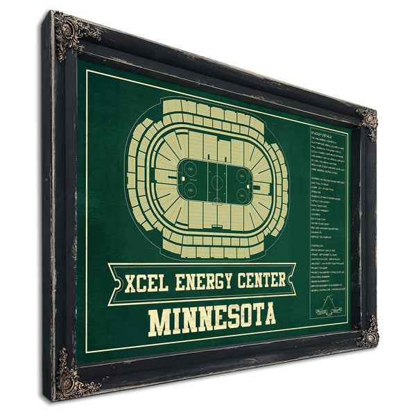 Minnesota Wild Team Colors - Xcel Energy Center Hockey Print in a distressed Vintage Black wood frame with ornate corners