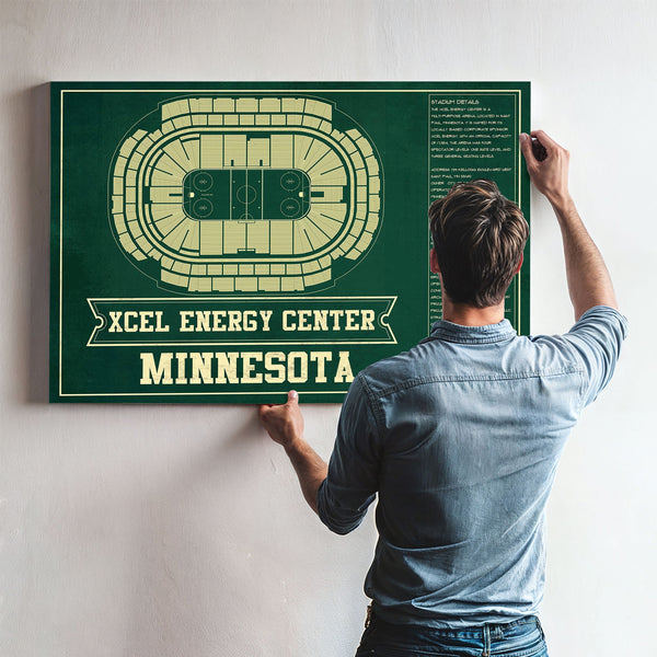 Minnesota Wild Team Colors - Xcel Energy Center Hockey Print framed in Vintage Black above a mid-century record console