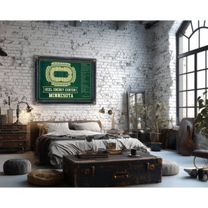 Minnesota Wild Team Colors - Xcel Energy Center Hockey Print framed in Vintage Black in a farmhouse entryway