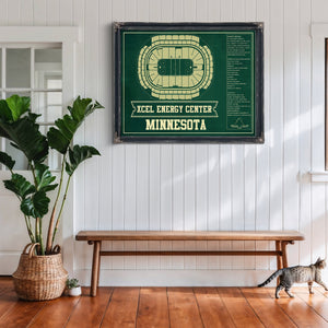 Minnesota Wild Team Colors - Xcel Energy Center Hockey Print framed in Vintage Black above a rustic console table