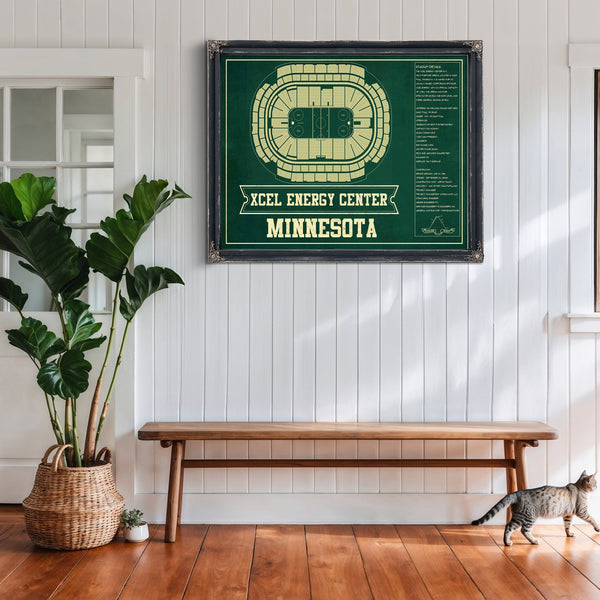 Minnesota Wild Team Colors - Xcel Energy Center Hockey Print framed in Vintage Black above a rustic console table
