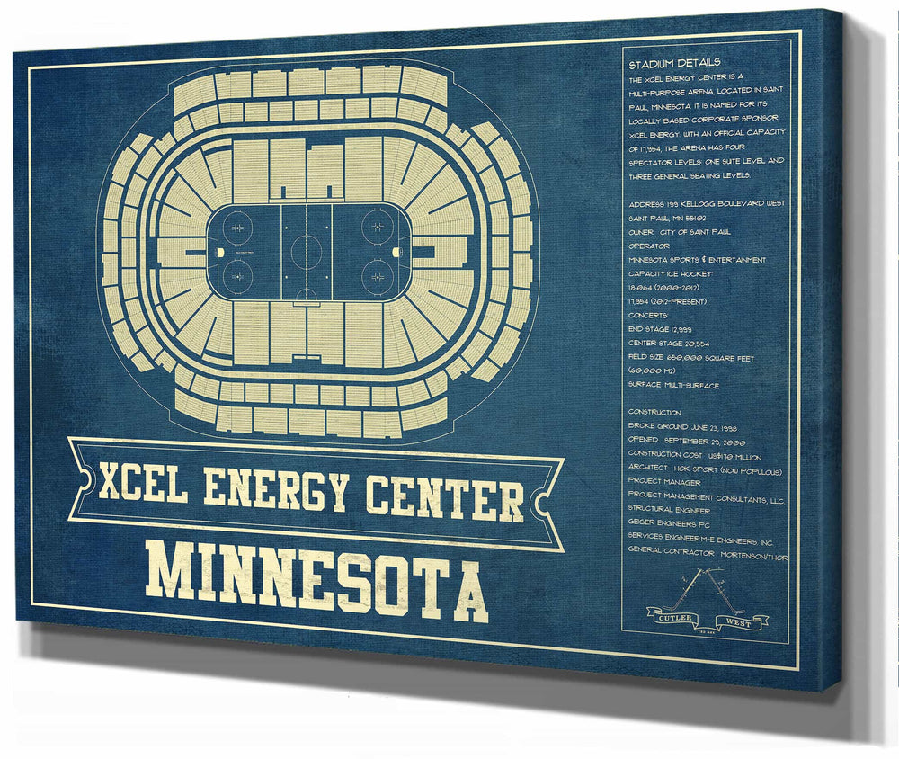 14" x 11" / Stretched Canvas Wrap Cutler West Minnesota Wild - Xcel Energy Center Vintage Hockey Blueprint NHL Print