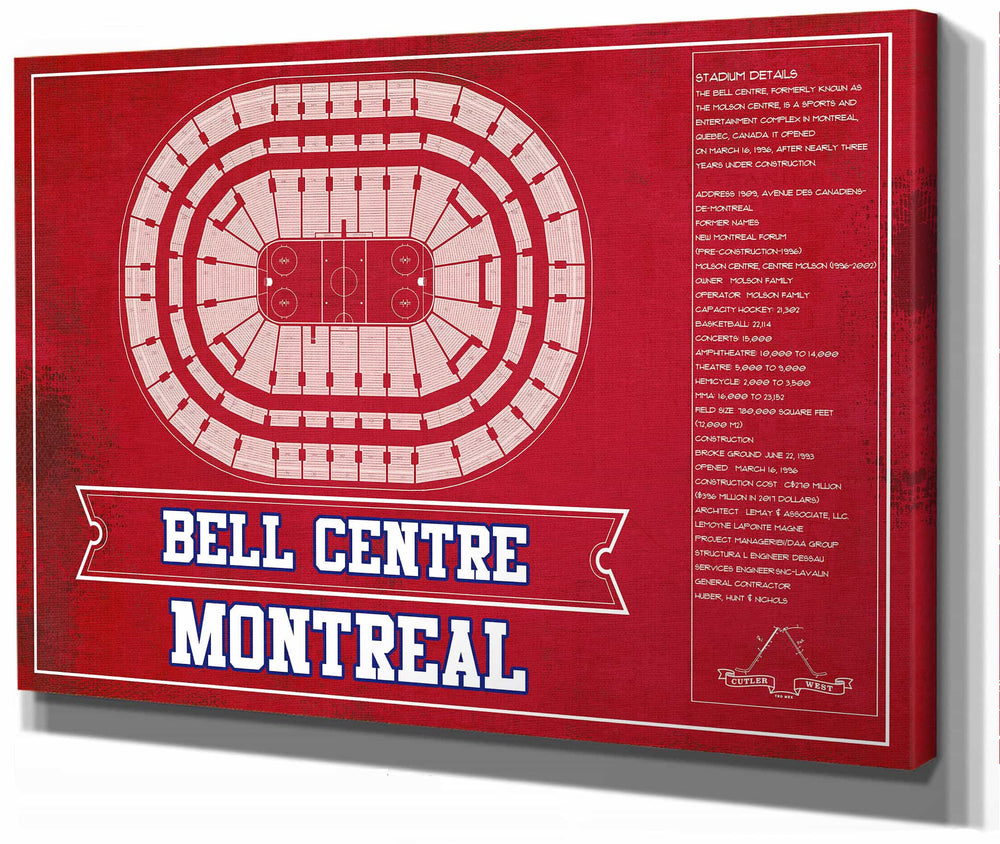 14" x 11" / Stretched Canvas Wrap Cutler West Montreal Canadiens Bell Centre Seating Chart - Vintage Hockey Team Color Print