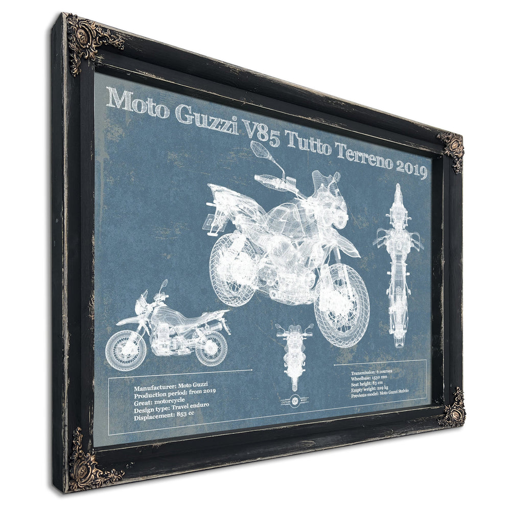 2019 Moto Guzzi V85 Tutto Terreno Print in a distressed Vintage Black wood frame with ornate corners