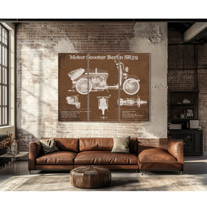 Motor Scooter IWL Berlin SR59 Print as a 3 panel canvas wrap above a leather sofa