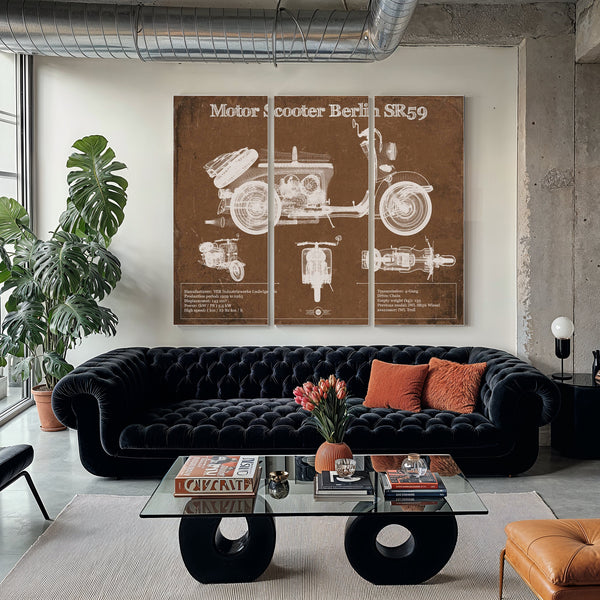 Motor Scooter IWL Berlin SR59 Print as a 3 panel canvas wrap in a modern living room