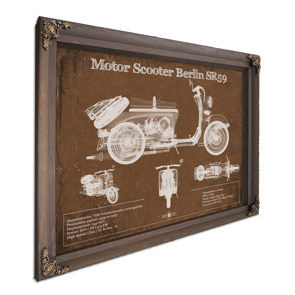 Motor Scooter IWL Berlin SR59 Print in a Bourbon stained wood frame with antique gold corners