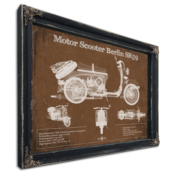 Motor Scooter IWL Berlin SR59 Print in a distressed Vintage Black wood frame with ornate corners