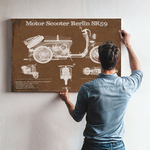 Motor Scooter IWL Berlin SR59 Print framed in Vintage Black above a mid-century record console