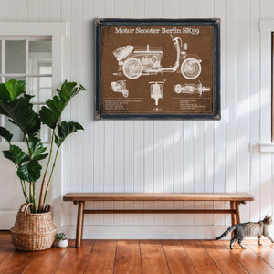 Motor Scooter IWL Berlin SR59 Print framed in Vintage Black above a rustic console table