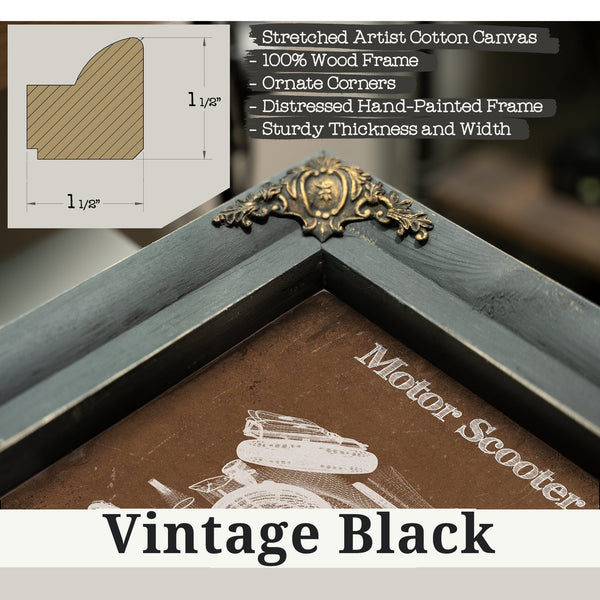 Vintage Black frame corner detail, 1.5 inch ornate wood moulding, Motor Scooter IWL Berlin SR59 Print