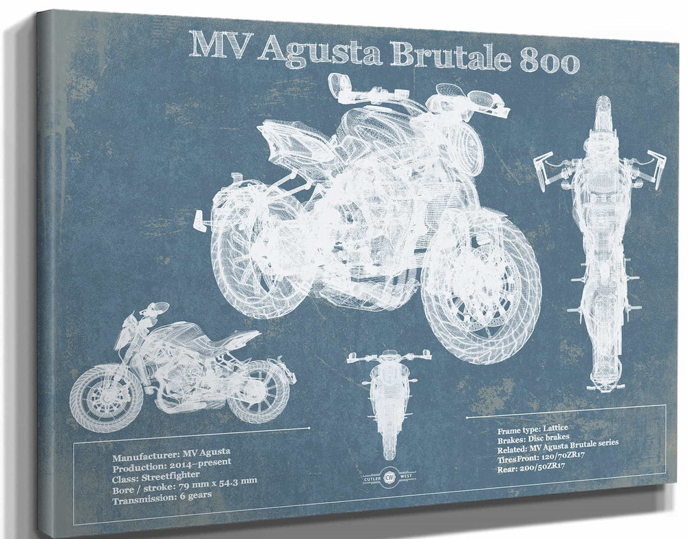 14" x 11" / Stretched Canvas Wrap Cutler West Mv Agusta Brutale 800 Blueprint Motorcycle Patent Print