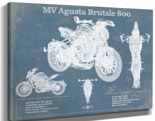 14" x 11" / Stretched Canvas Wrap Cutler West Mv Agusta Brutale 800 Blueprint Motorcycle Patent Print