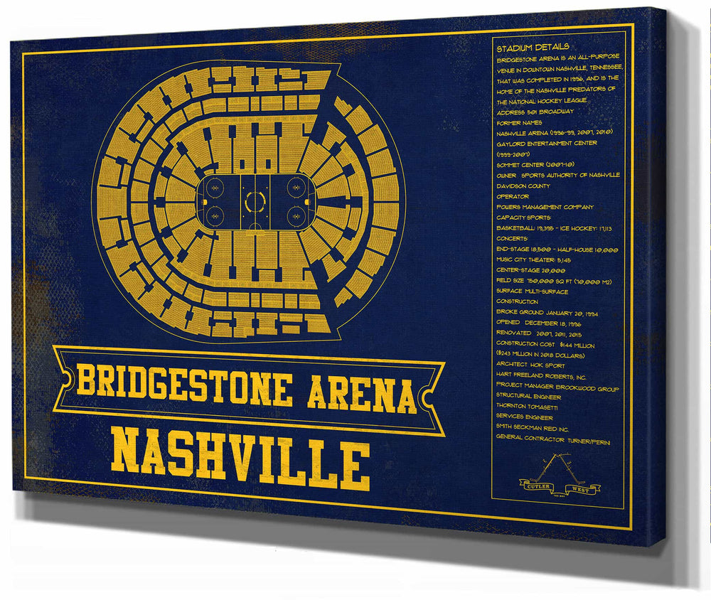 14" x 11" / Stretched Canvas Wrap Cutler West Nashville Predators Bridgestone Arena Seating Chart - Vintage Hockey Team Color Print